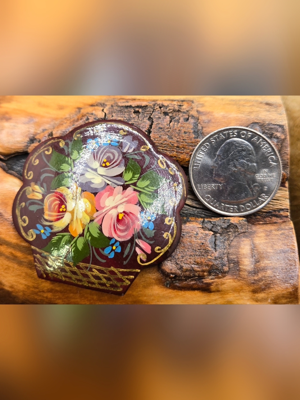 Hand-Painted Brooch Wooden Lacquer Floral Design 2" X 2"
